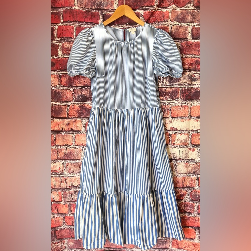 J. Crew Blue and White Pleated Puff Sleeve Sundress